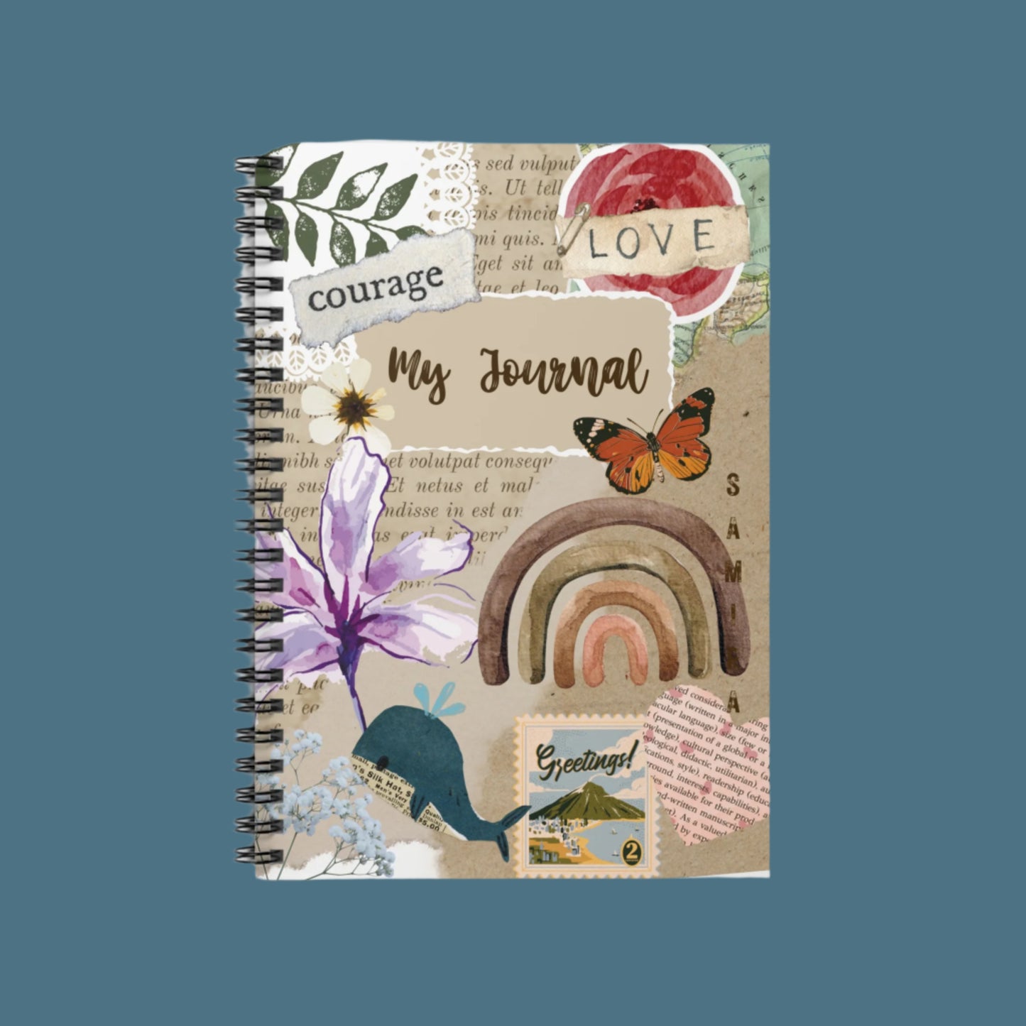 A floral spiral notebook with a metal spiral binding, featuring a variety of flowers, a butterfly, and journaling prompts on the cover.