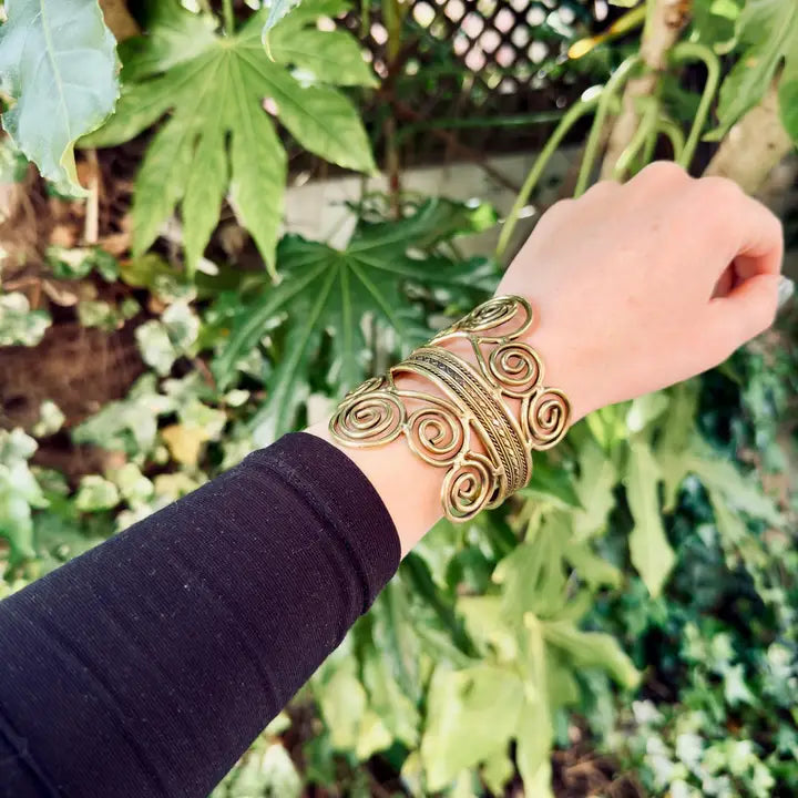 Boho Brass Cuff Bracelet – Adjustable Spiral Arm Cuff – Goddess Statement Bracelet – Tribal Bohemian Jewellery – Festival Wrist Cuff
