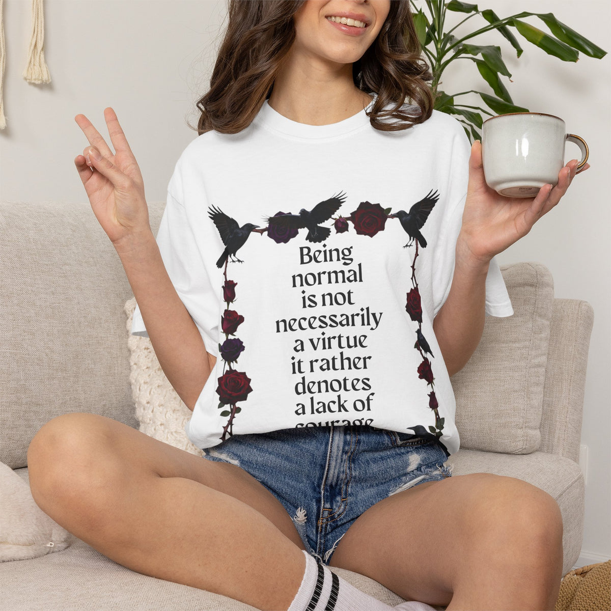 Graphic T‑Shirt — "Being normal is not necessarily a virtue..." Gothic Rose & Raven Tee