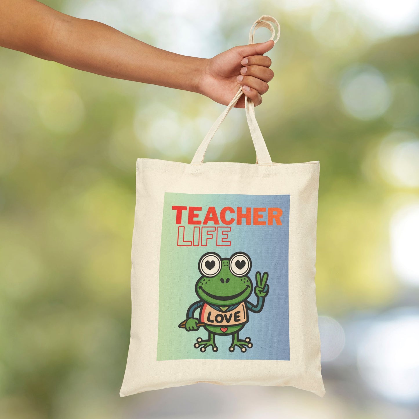 Teacher Life Frog Tote Bag — Cute Canvas Teacher Gift, "Teacher Life" Design