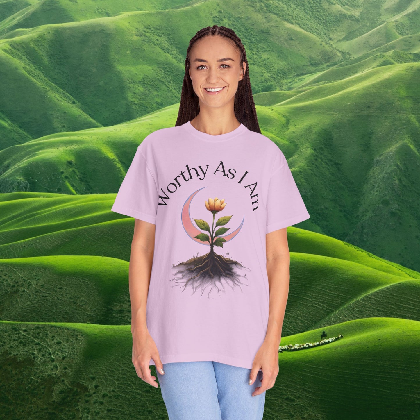 Worthy As I Am Botanical Affirmation Tee | Moon & Roots Spiritual Graphic Shirt