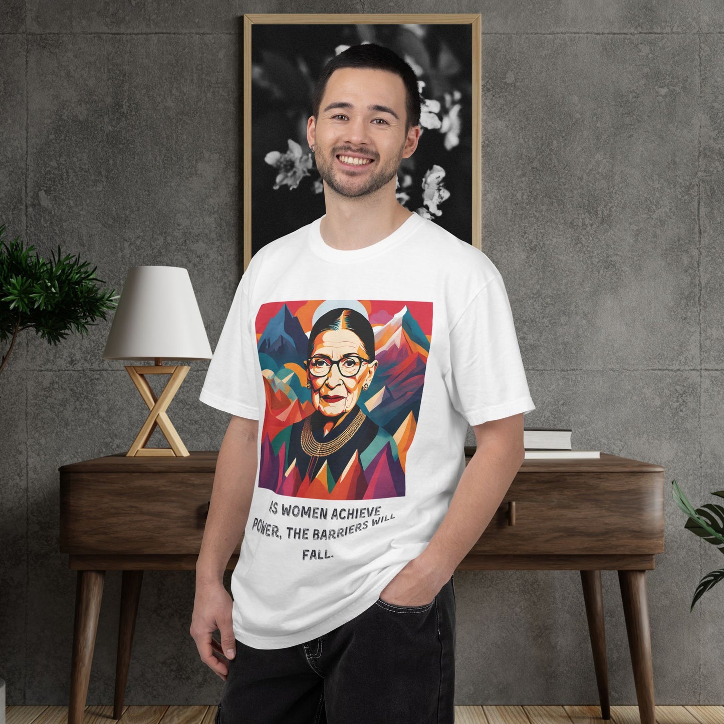 RBG Power & Barriers Quote Tee | Ruth Bader Ginsburg Portrait Shirt | Softstyle Feminist Statement Top