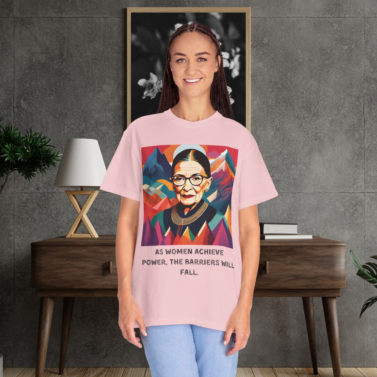 RBG Power & Barriers Quote Tee | Ruth Bader Ginsburg Portrait Shirt | Softstyle Feminist Statement Top
