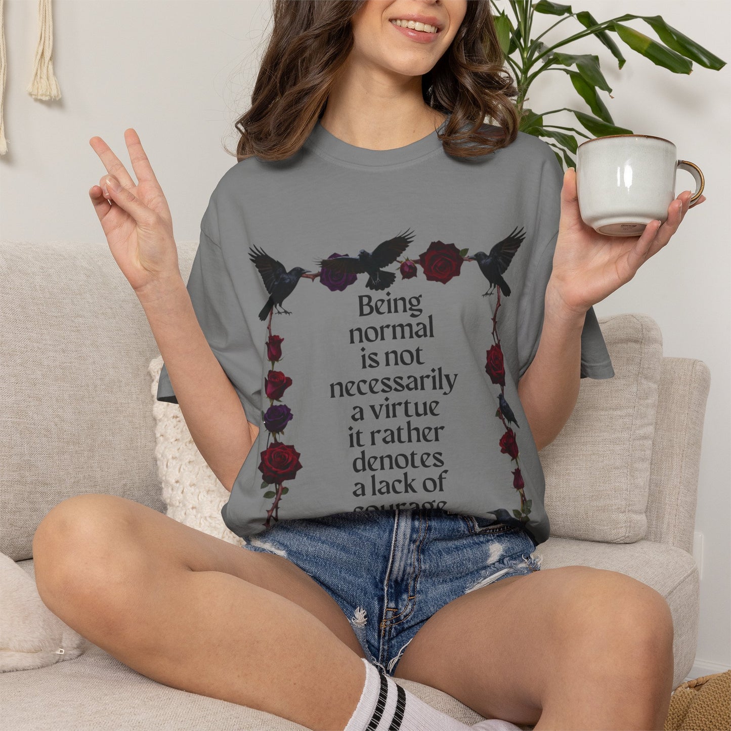 Graphic T‑Shirt — "Being normal is not necessarily a virtue..." Gothic Rose & Raven Tee
