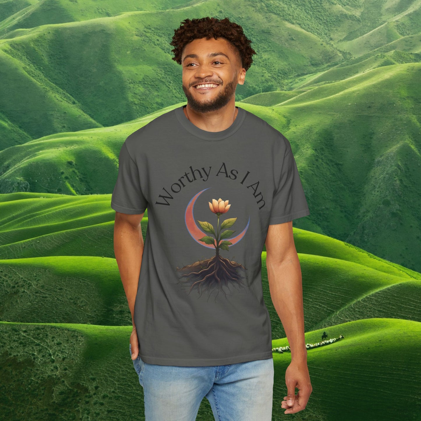 Worthy As I Am Botanical Affirmation Tee | Moon & Roots Spiritual Graphic Shirt
