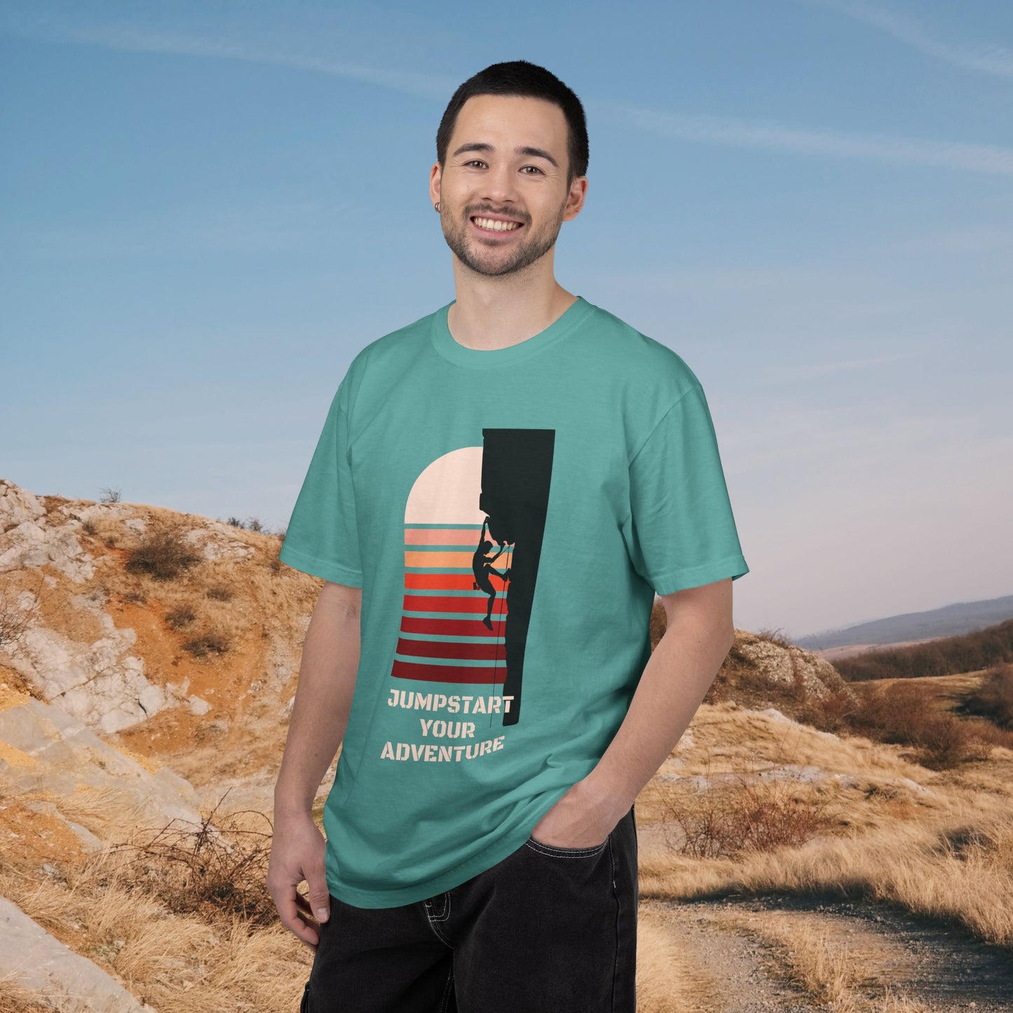 Adventure Climbing T-Shirt — "Jumpstart Your Adventure" Retro Sunset Tee