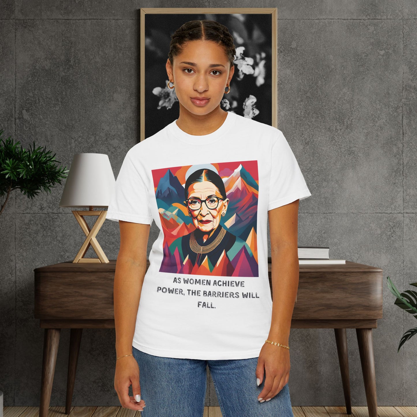 RBG Power & Barriers Quote Tee | Ruth Bader Ginsburg Portrait Shirt | Softstyle Feminist Statement Top