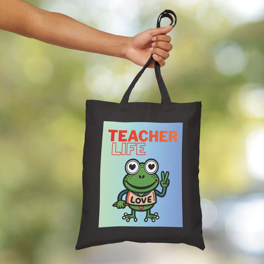 Teacher Life Frog Tote Bag — Cute Canvas Teacher Gift, "Teacher Life" Design