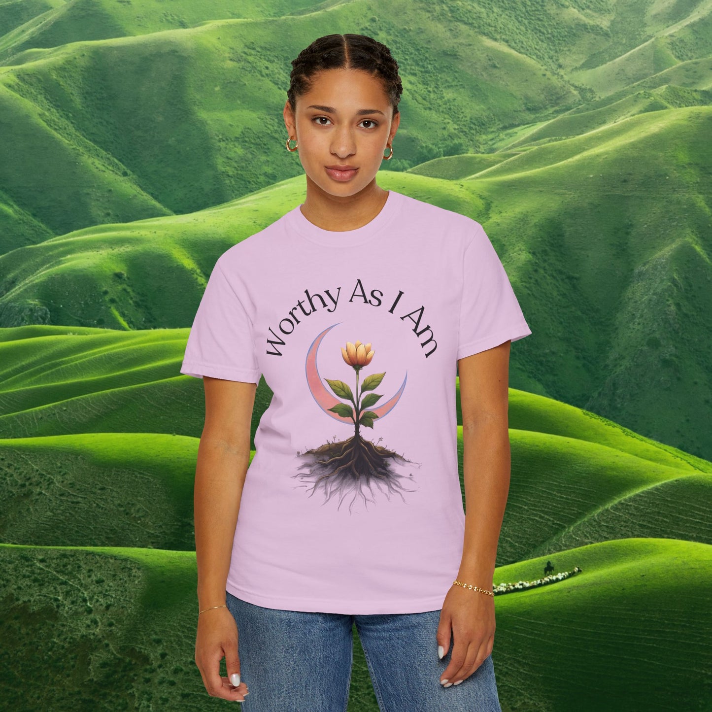 Worthy As I Am Botanical Affirmation Tee | Moon & Roots Spiritual Graphic Shirt