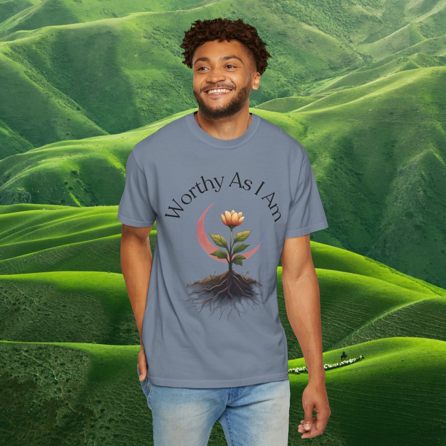 Worthy As I Am Botanical Affirmation Tee | Moon & Roots Spiritual Graphic Shirt