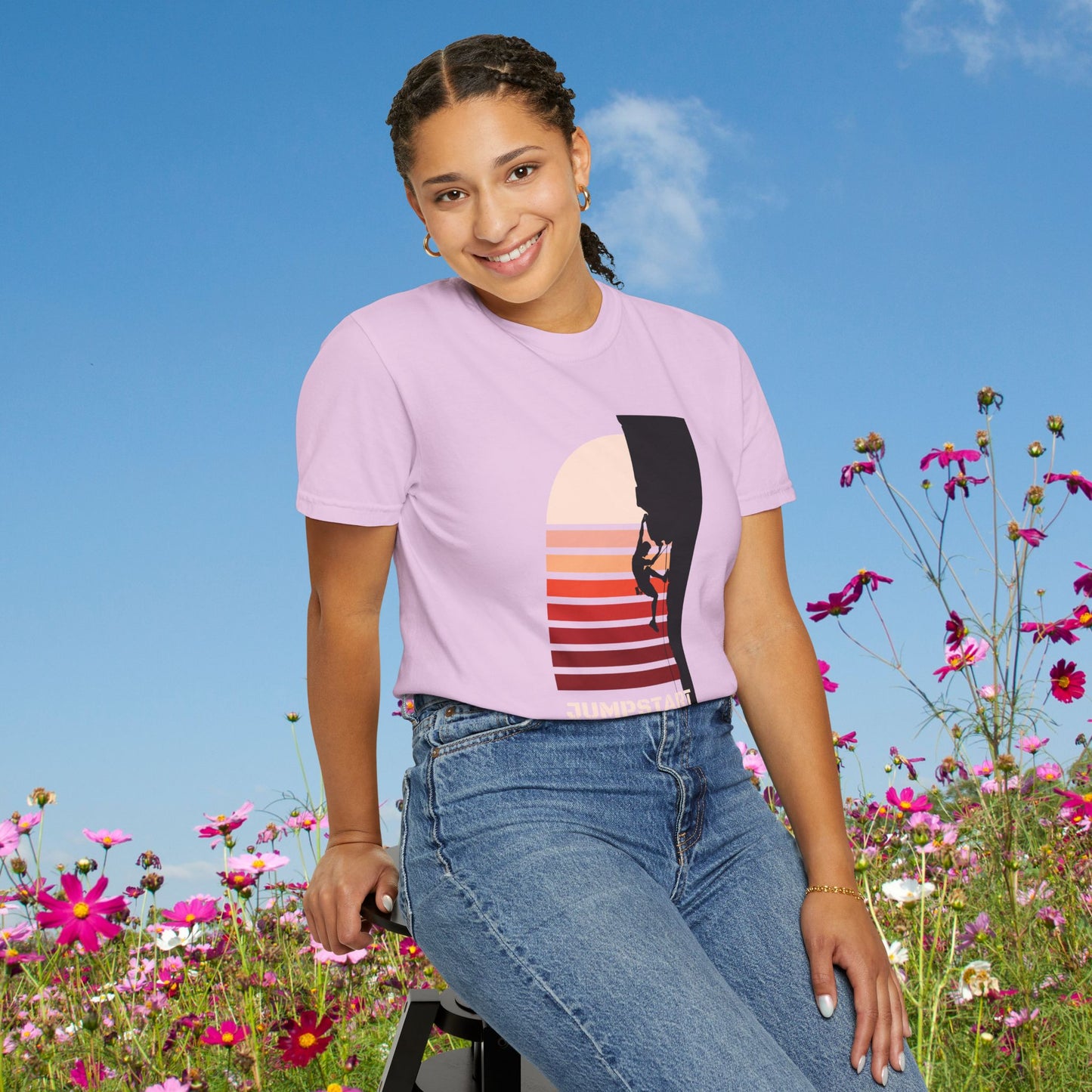 Adventure Climbing T-Shirt — "Jumpstart Your Adventure" Retro Sunset Tee