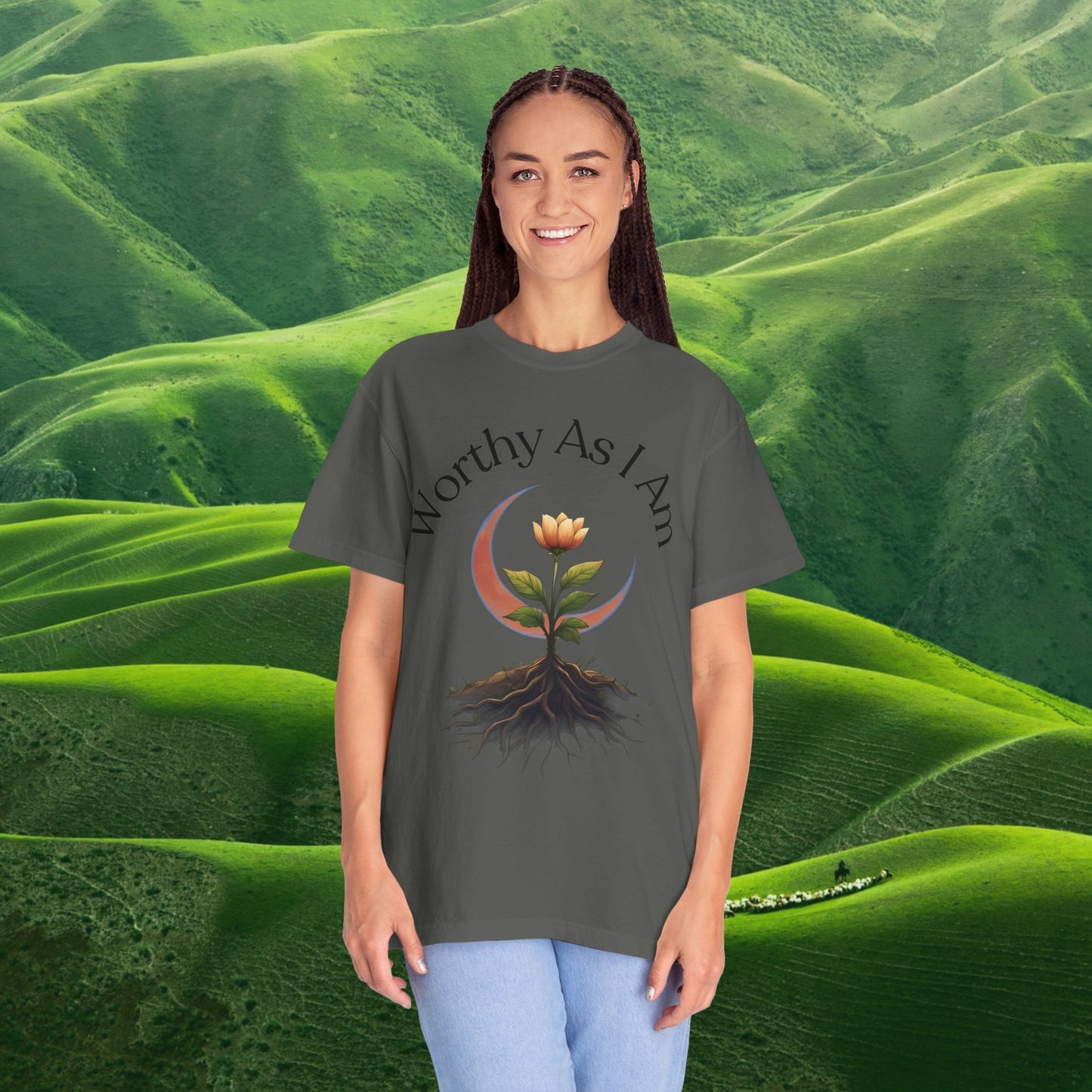 Worthy As I Am Botanical Affirmation Tee | Moon & Roots Spiritual Graphic Shirt