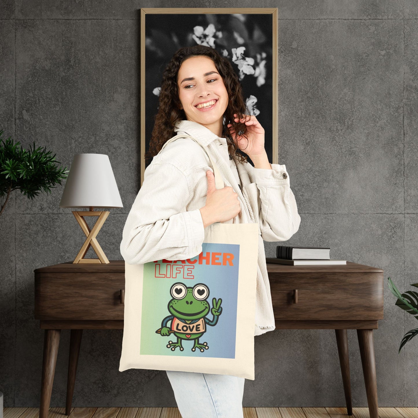 Teacher Life Frog Tote Bag — Cute Canvas Teacher Gift, "Teacher Life" Design