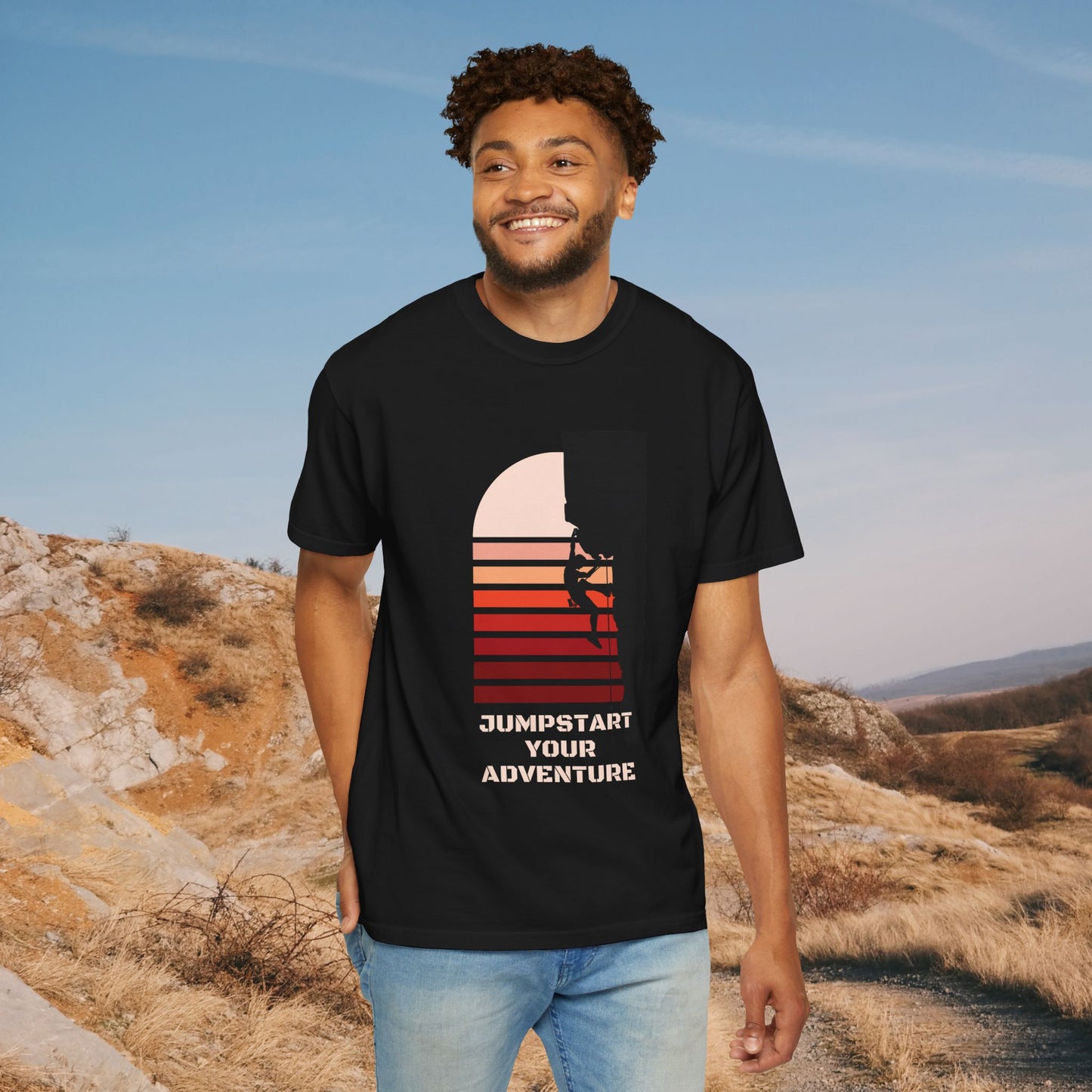 Adventure Climbing T-Shirt — "Jumpstart Your Adventure" Retro Sunset Tee