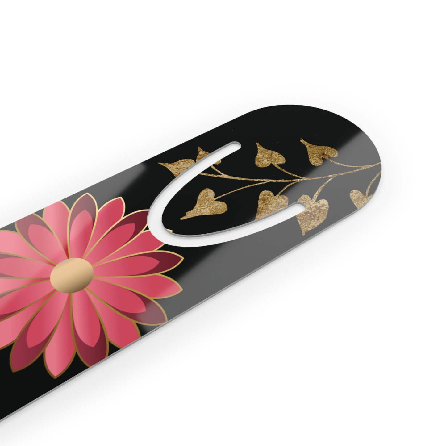 Floral Metal Bookmark – Pink Daisy on Black with Gold Vine Accent