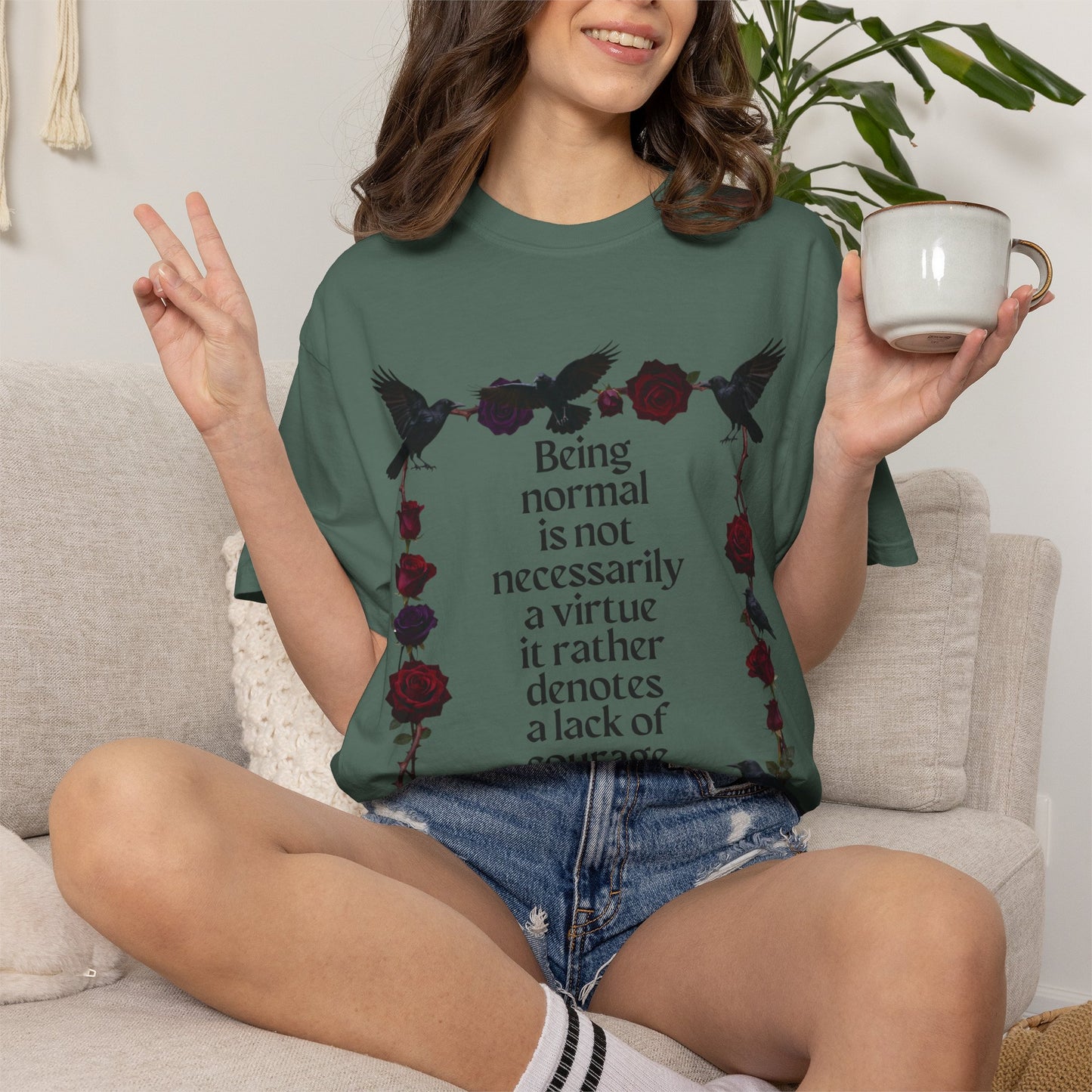 Graphic T‑Shirt — "Being normal is not necessarily a virtue..." Gothic Rose & Raven Tee