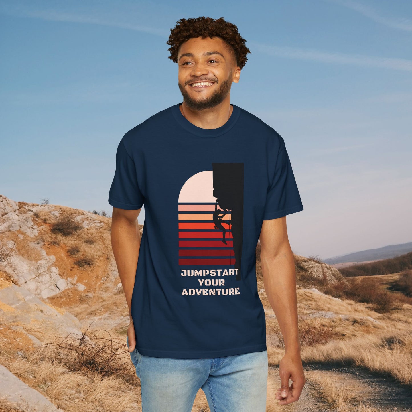 Adventure Climbing T-Shirt — "Jumpstart Your Adventure" Retro Sunset Tee