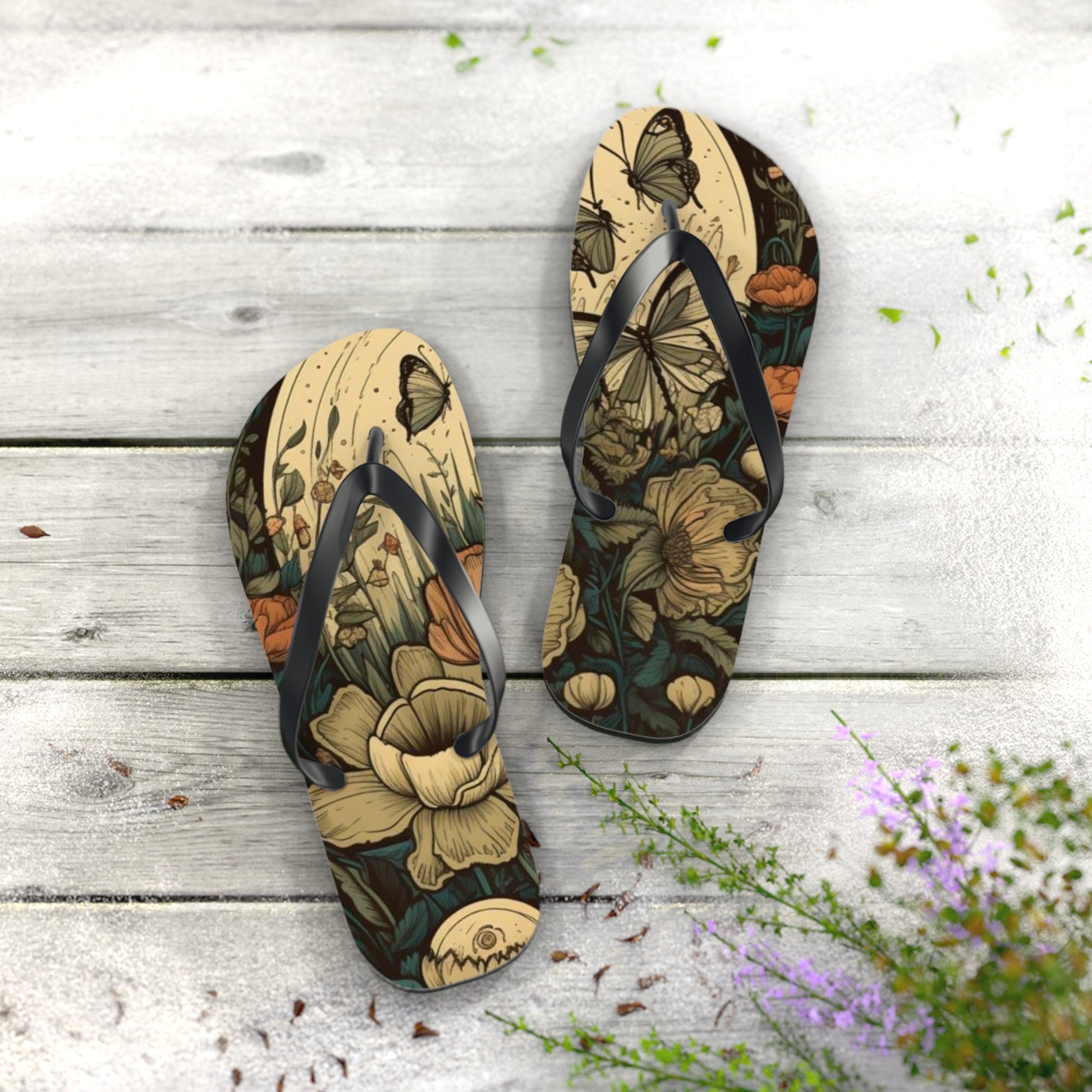 Moon and Flowers Flip Flops - Eccentricity Emporium LLC