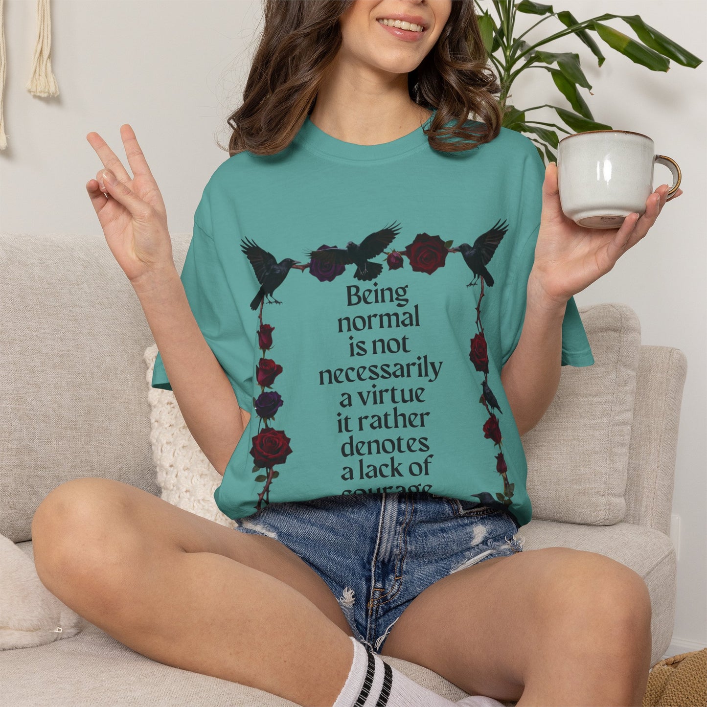 Graphic T‑Shirt — "Being normal is not necessarily a virtue..." Gothic Rose & Raven Tee