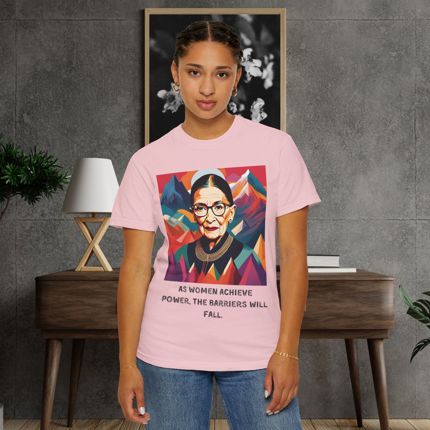 RBG Power & Barriers Quote Tee | Ruth Bader Ginsburg Portrait Shirt | Softstyle Feminist Statement Top