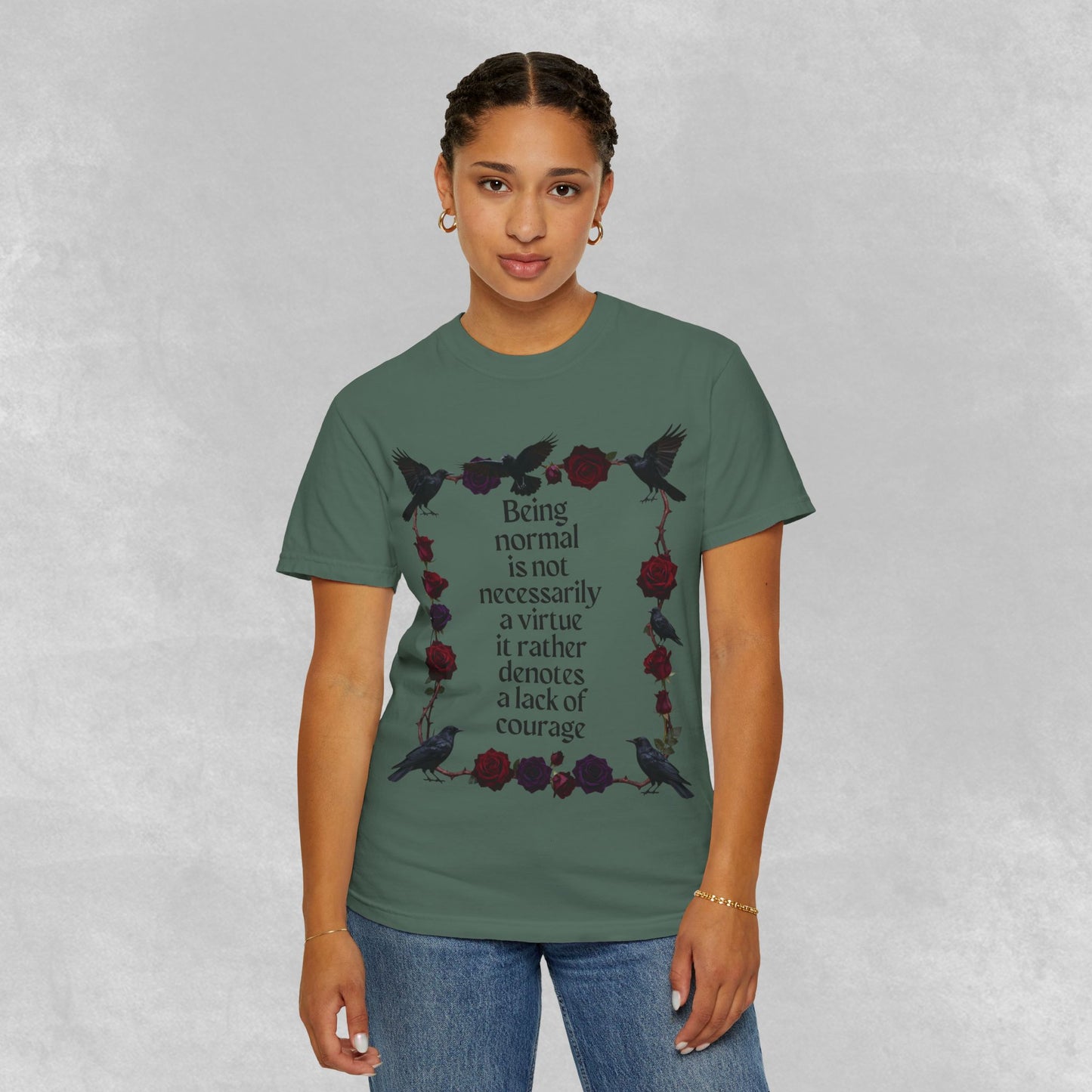 Graphic T‑Shirt — "Being normal is not necessarily a virtue..." Gothic Rose & Raven Tee