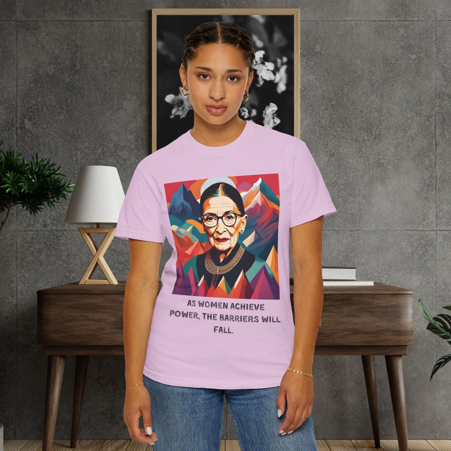 RBG Power & Barriers Quote Tee | Ruth Bader Ginsburg Portrait Shirt | Softstyle Feminist Statement Top