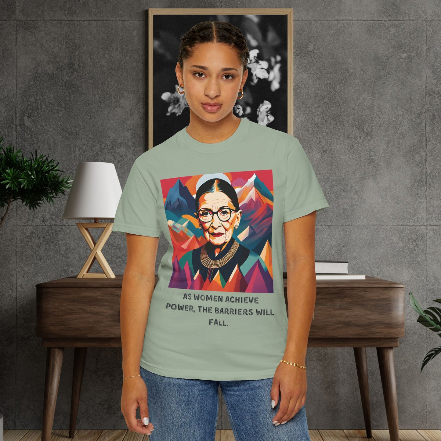 RBG Power & Barriers Quote Tee | Ruth Bader Ginsburg Portrait Shirt | Softstyle Feminist Statement Top