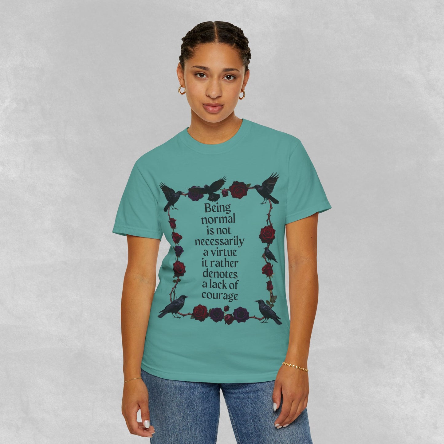 Graphic T‑Shirt — "Being normal is not necessarily a virtue..." Gothic Rose & Raven Tee