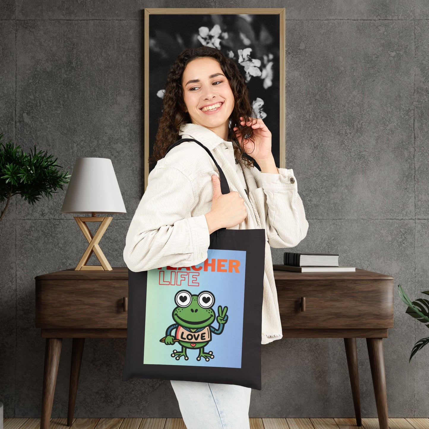 Teacher Life Frog Tote Bag — Cute Canvas Teacher Gift, "Teacher Life" Design