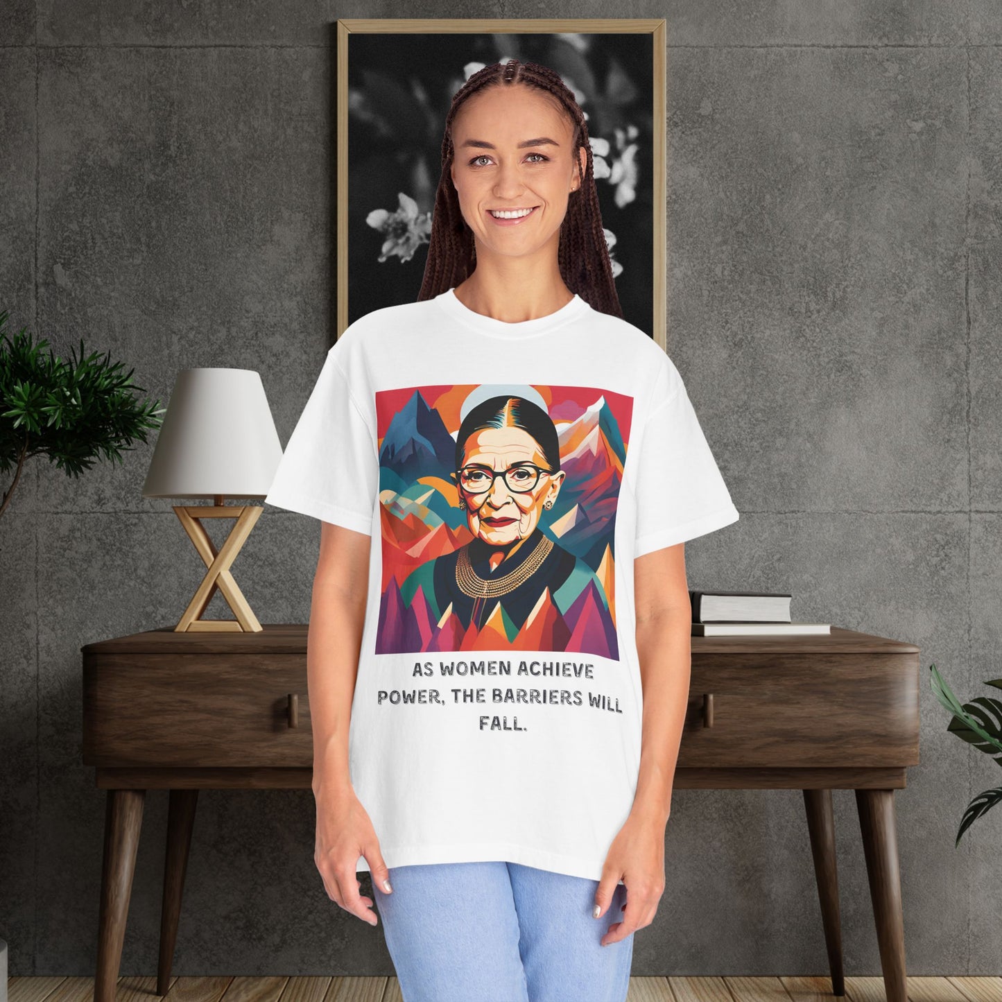 RBG Power & Barriers Quote Tee | Ruth Bader Ginsburg Portrait Shirt | Softstyle Feminist Statement Top