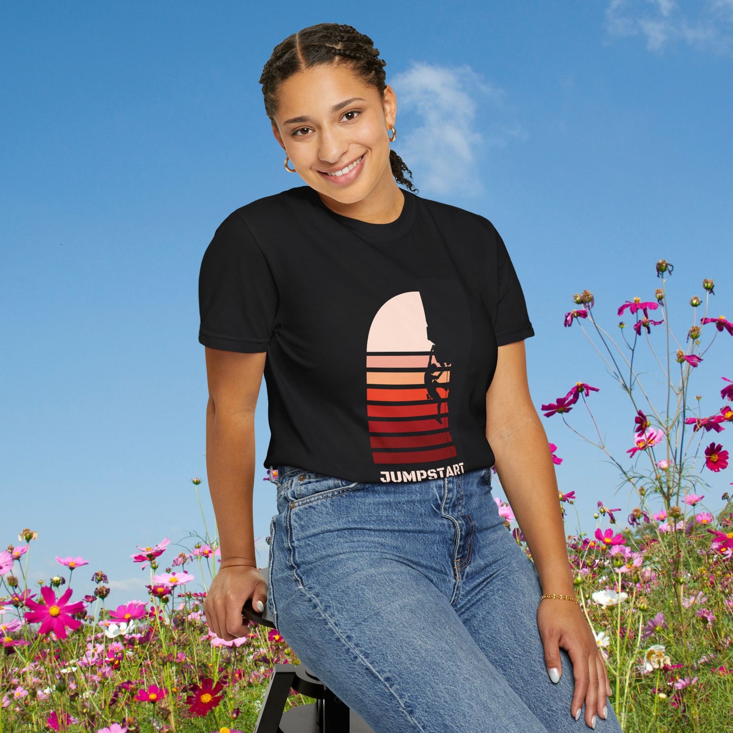 Adventure Climbing T-Shirt — "Jumpstart Your Adventure" Retro Sunset Tee