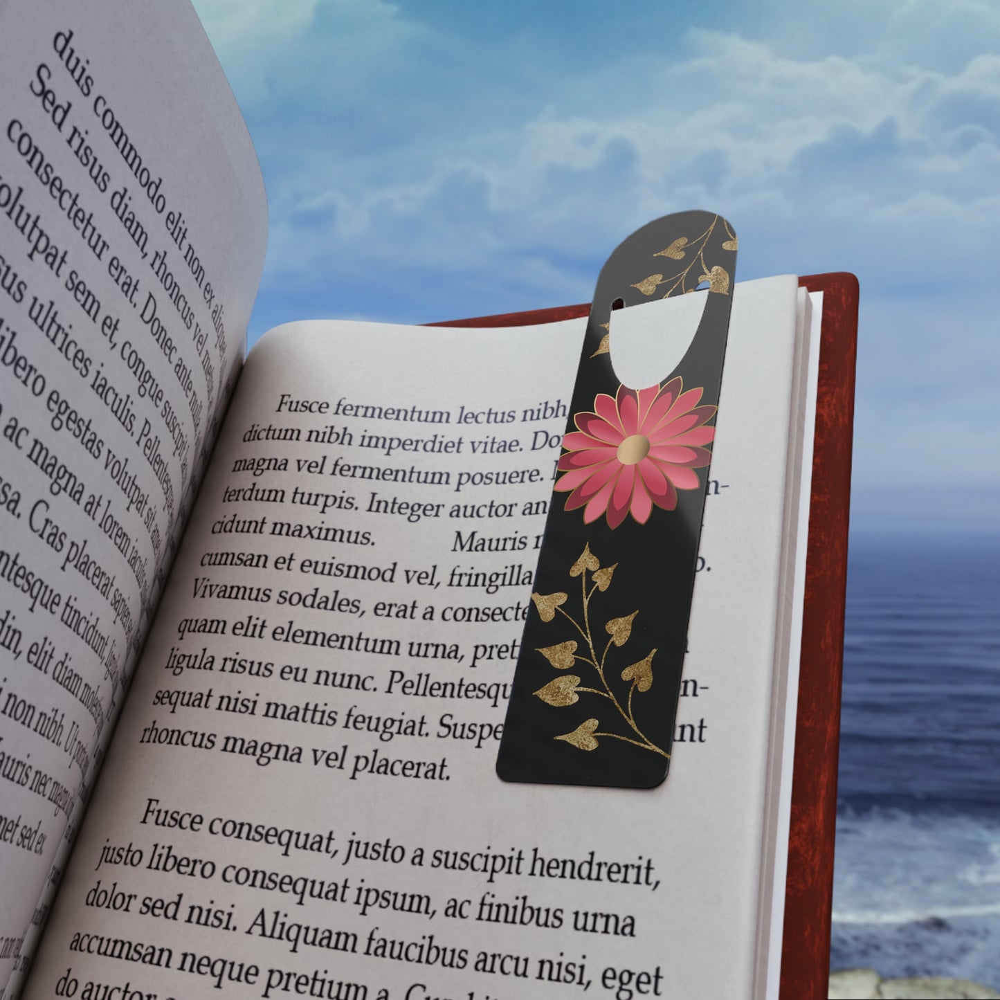 Floral Metal Bookmark – Pink Daisy on Black with Gold Vine Accent