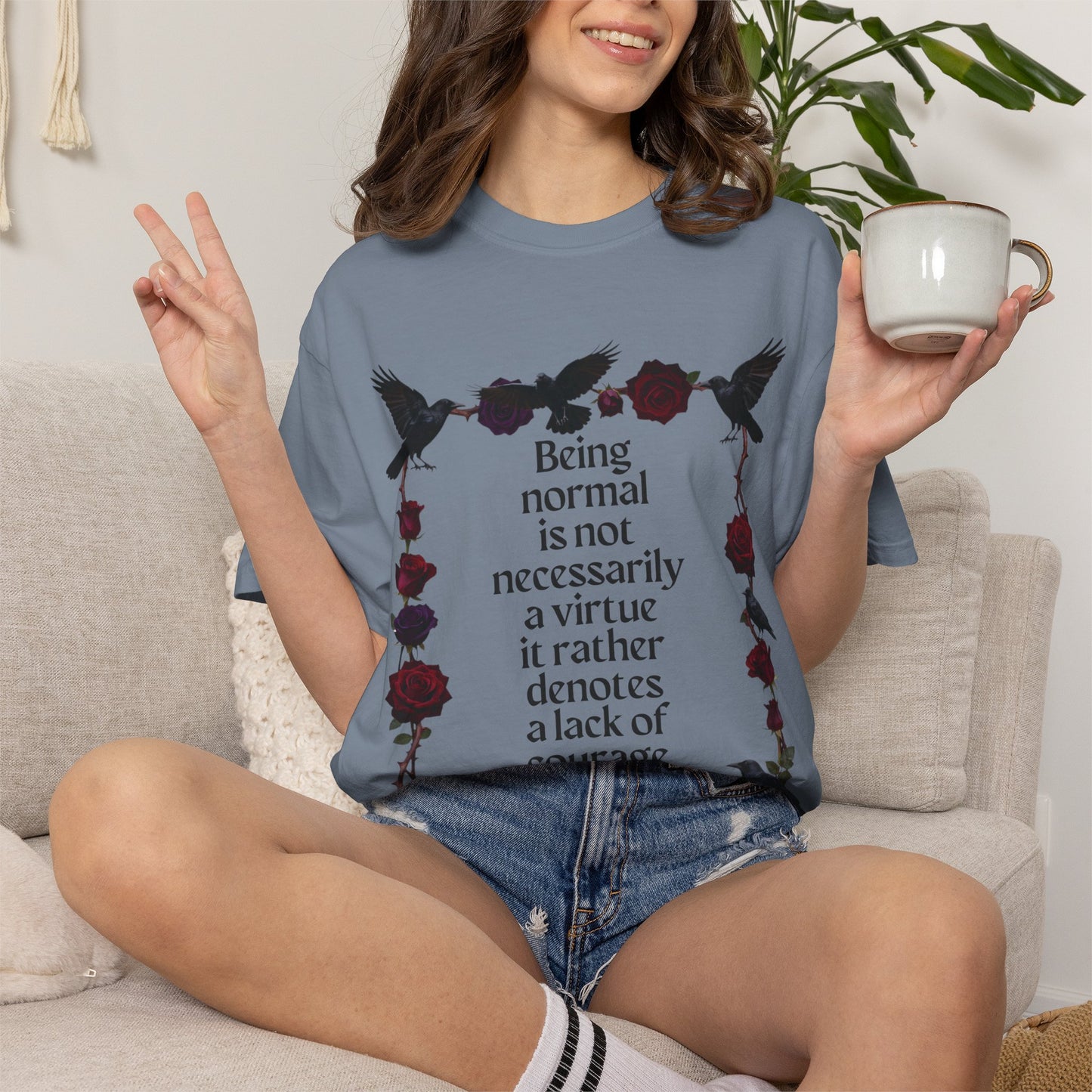 Graphic T‑Shirt — "Being normal is not necessarily a virtue..." Gothic Rose & Raven Tee
