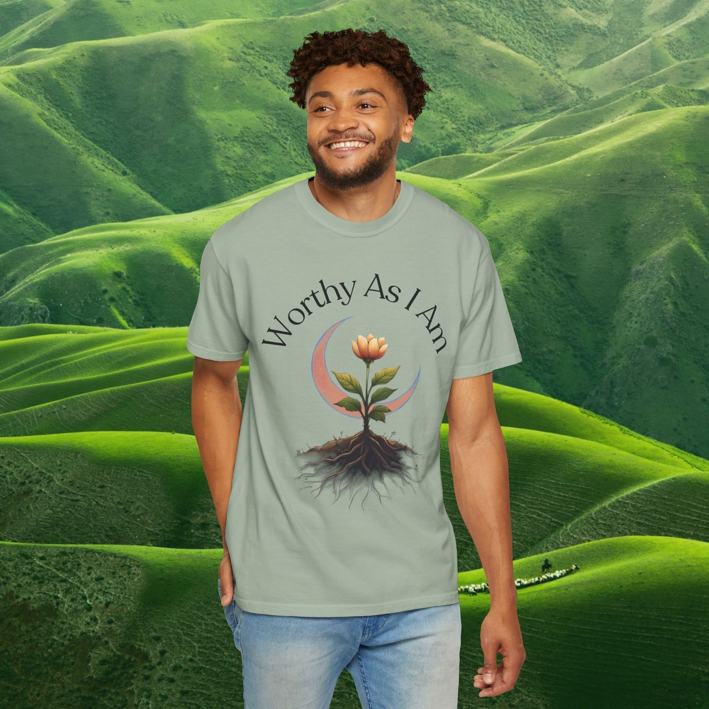 Worthy As I Am Botanical Affirmation Tee | Moon & Roots Spiritual Graphic Shirt