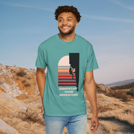 Adventure Climbing T-Shirt — "Jumpstart Your Adventure" Retro Sunset Tee