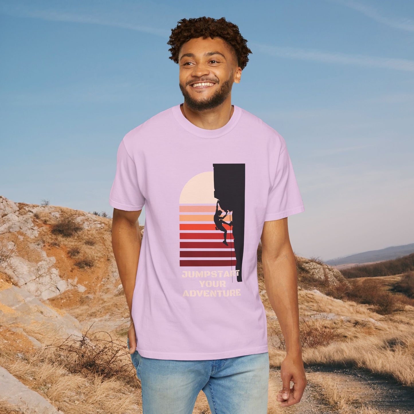 Adventure Climbing T-Shirt — "Jumpstart Your Adventure" Retro Sunset Tee