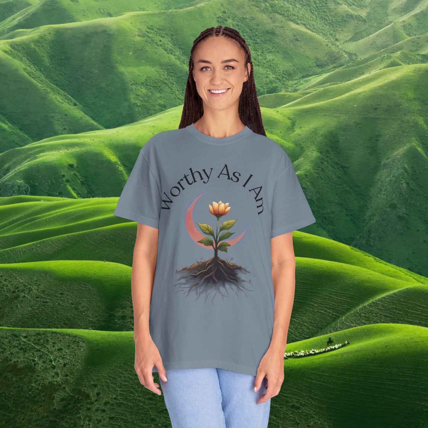 Worthy As I Am Botanical Affirmation Tee | Moon & Roots Spiritual Graphic Shirt