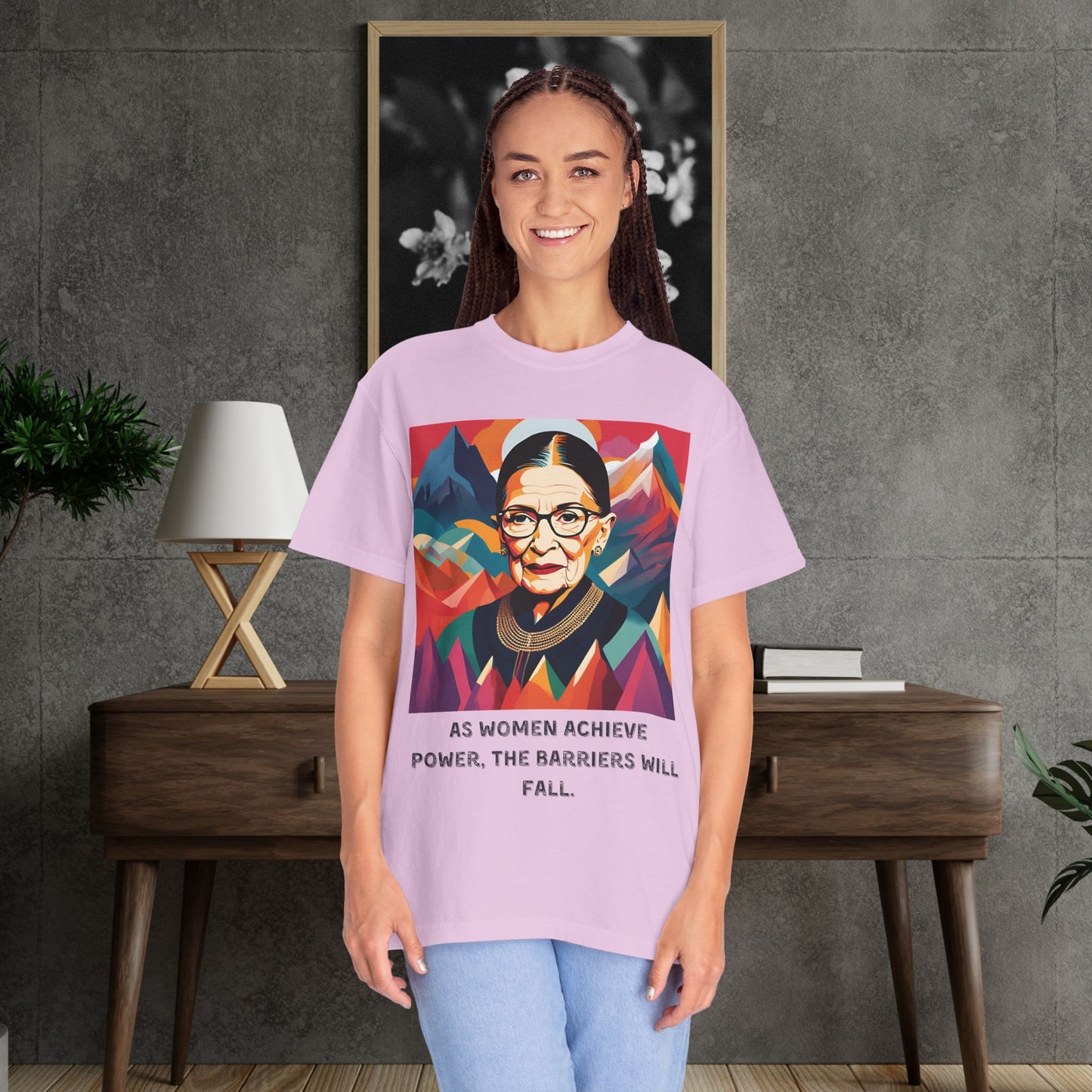 RBG Power & Barriers Quote Tee | Ruth Bader Ginsburg Portrait Shirt | Softstyle Feminist Statement Top