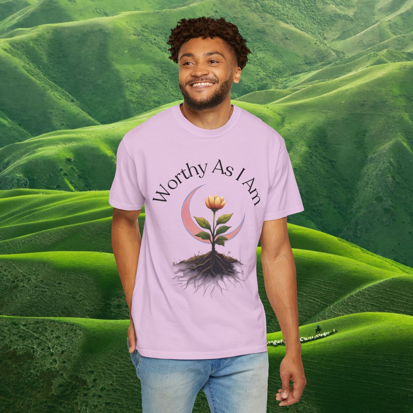 Worthy As I Am Botanical Affirmation Tee | Moon & Roots Spiritual Graphic Shirt