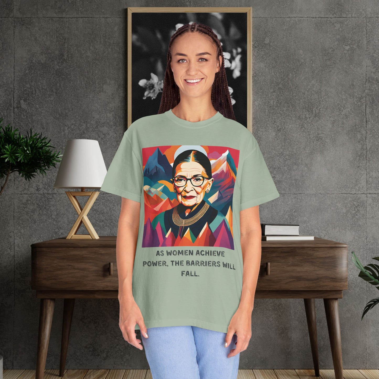 RBG Power & Barriers Quote Tee | Ruth Bader Ginsburg Portrait Shirt | Softstyle Feminist Statement Top