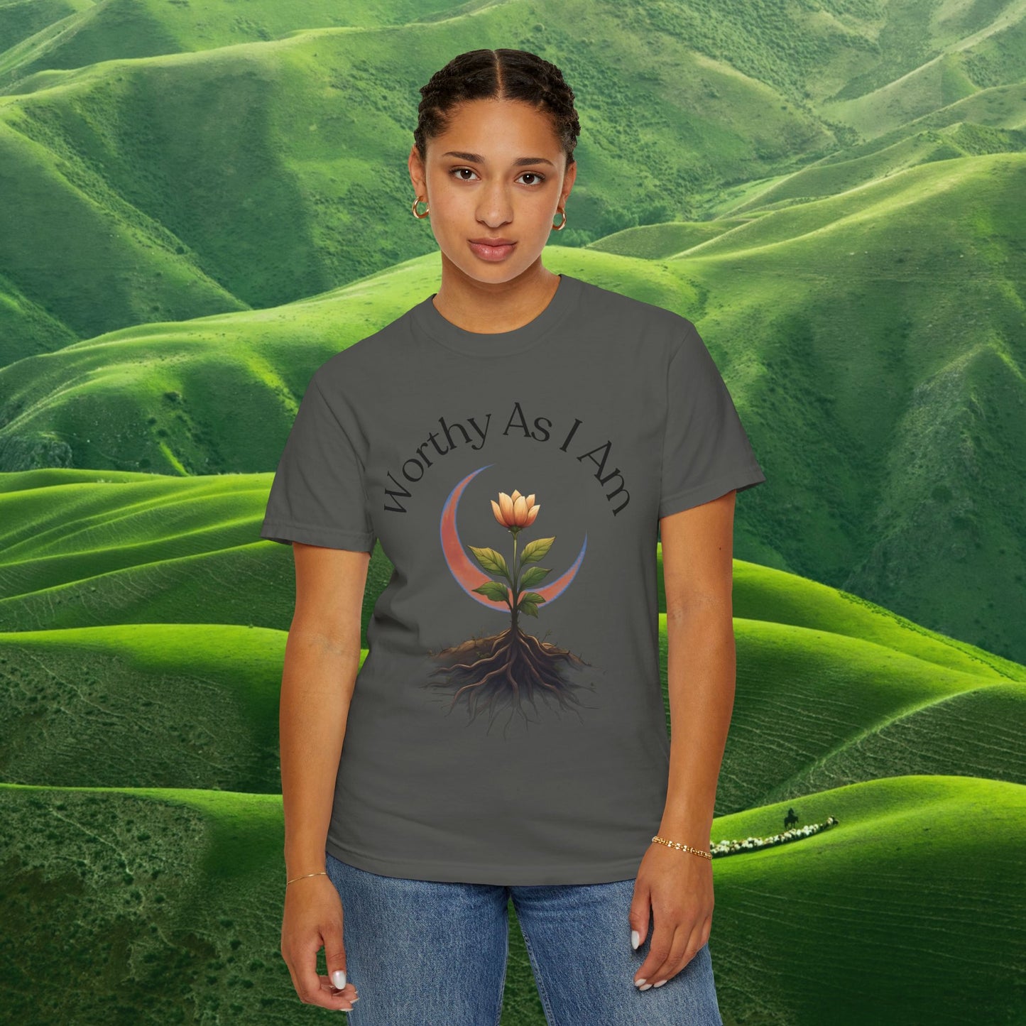 Worthy As I Am Botanical Affirmation Tee | Moon & Roots Spiritual Graphic Shirt