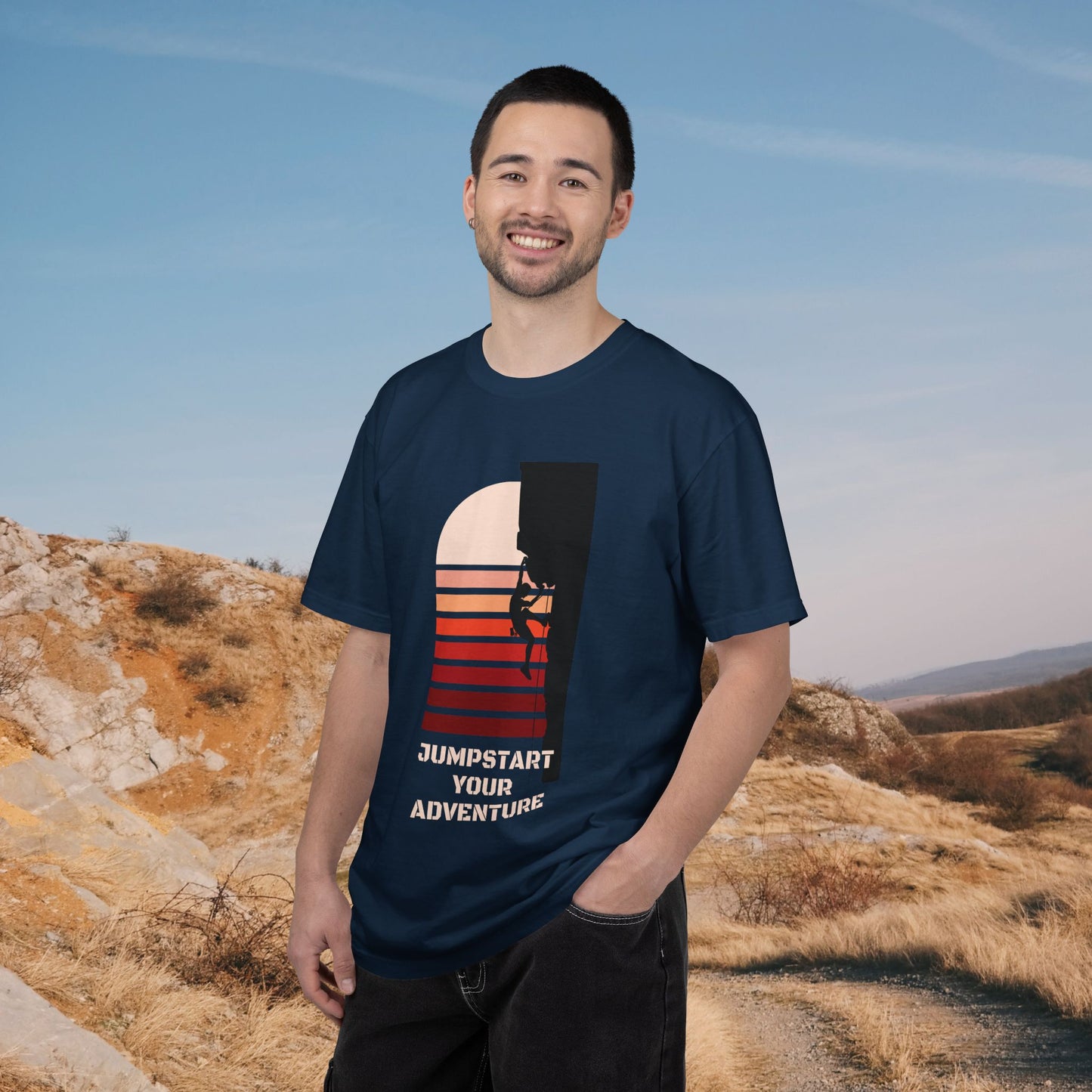 Adventure Climbing T-Shirt — "Jumpstart Your Adventure" Retro Sunset Tee