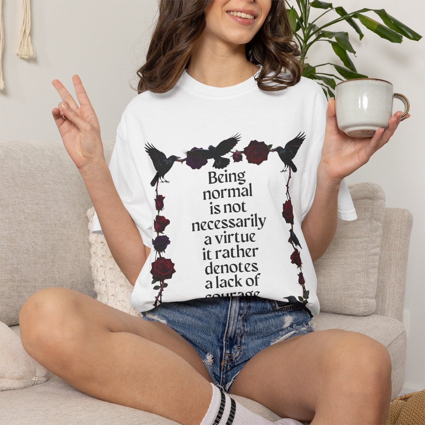 Graphic T‑Shirt — "Being normal is not necessarily a virtue..." Gothic Rose & Raven Tee
