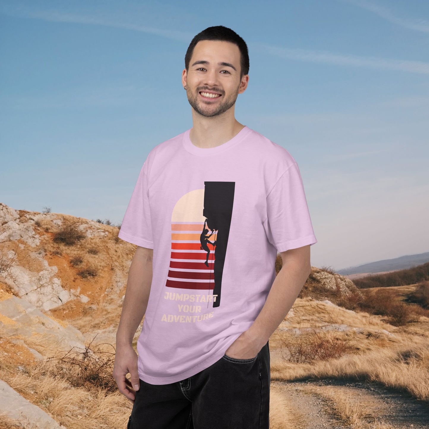 Adventure Climbing T-Shirt — "Jumpstart Your Adventure" Retro Sunset Tee