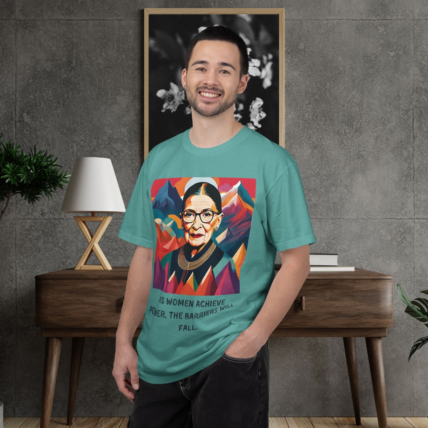 RBG Power & Barriers Quote Tee | Ruth Bader Ginsburg Portrait Shirt | Softstyle Feminist Statement Top
