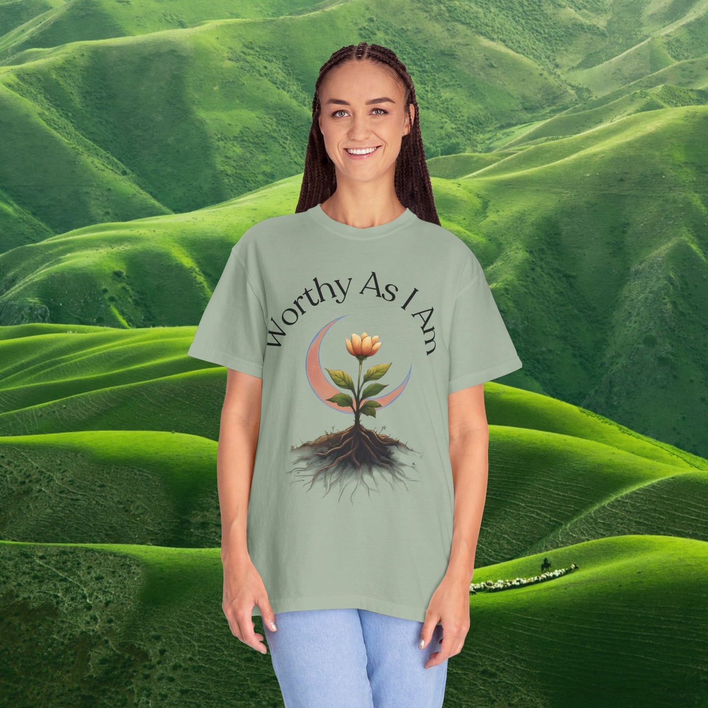Worthy As I Am Botanical Affirmation Tee | Moon & Roots Spiritual Graphic Shirt