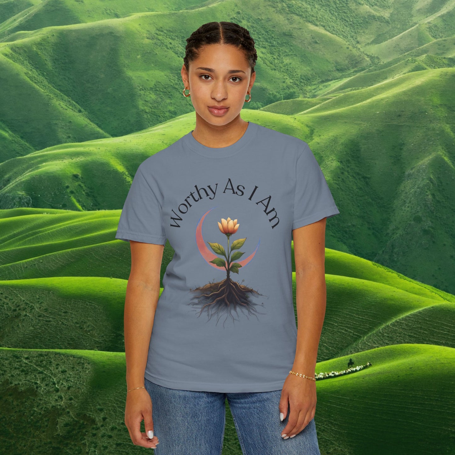 Worthy As I Am Botanical Affirmation Tee | Moon & Roots Spiritual Graphic Shirt