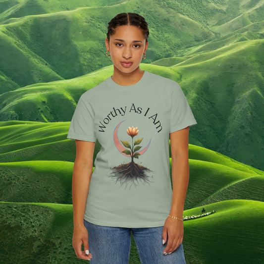 Worthy As I Am Botanical Affirmation Tee | Moon & Roots Spiritual Graphic Shirt