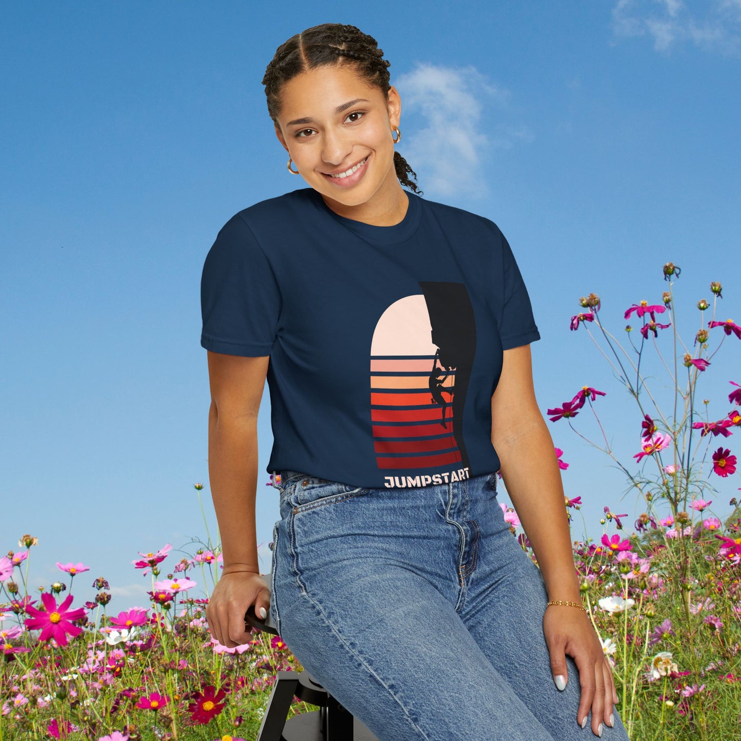 Adventure Climbing T-Shirt — "Jumpstart Your Adventure" Retro Sunset Tee