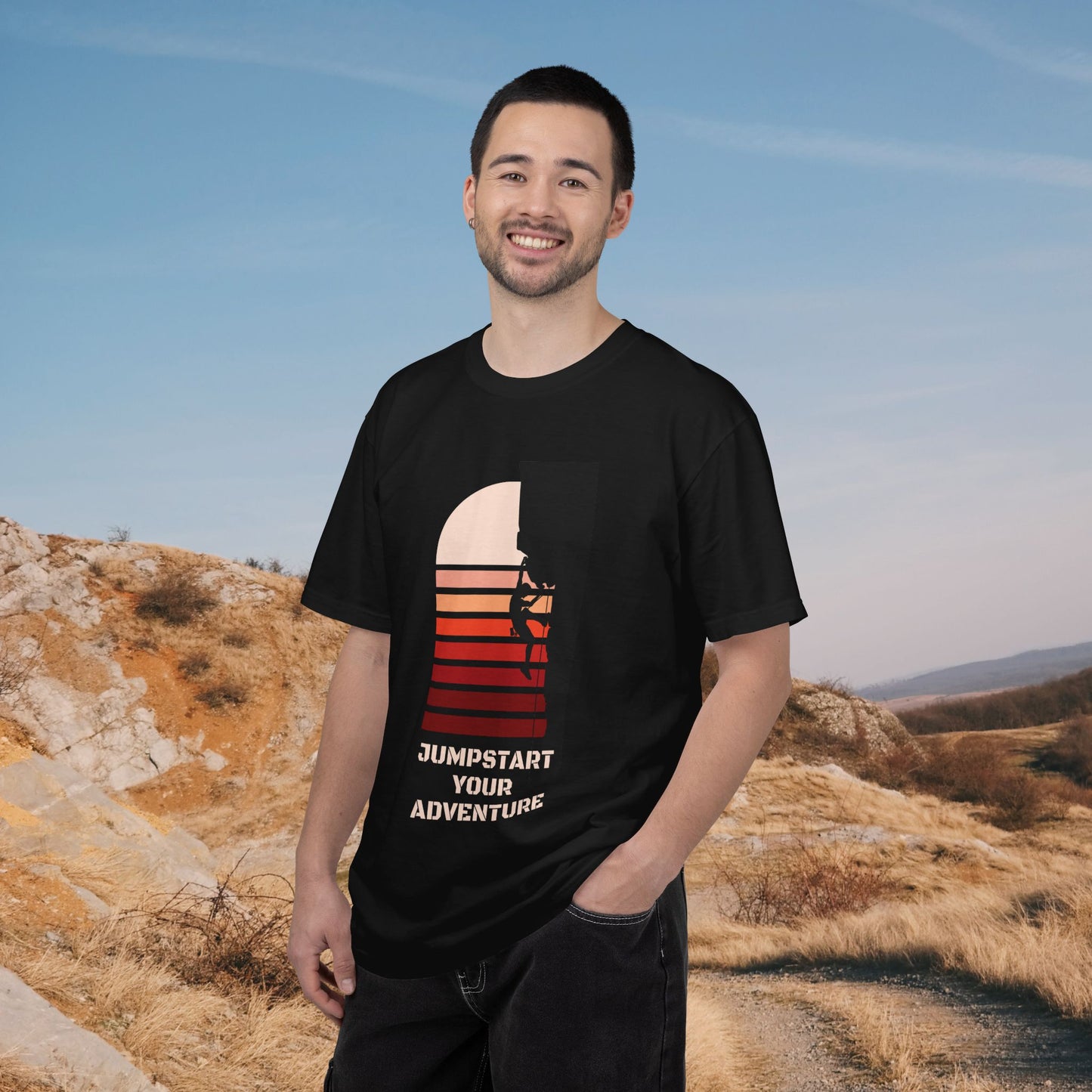 Adventure Climbing T-Shirt — "Jumpstart Your Adventure" Retro Sunset Tee